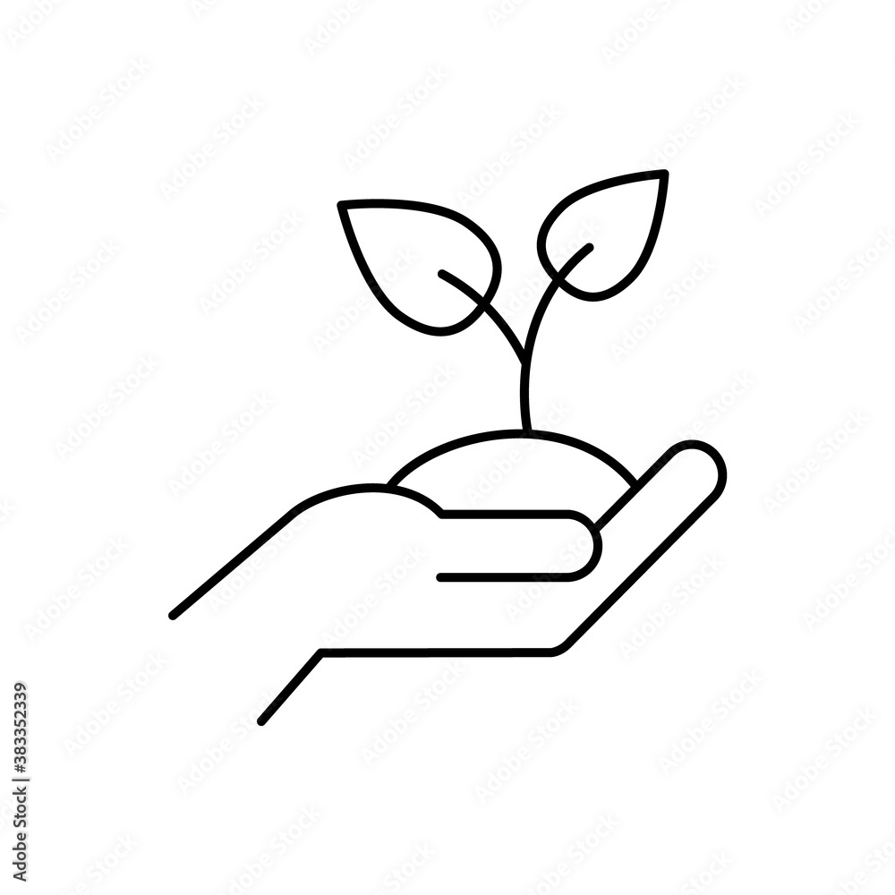 Hand holding soil line icon. Human palm holds a plant. Sprout with leaf break out. Agriculture, farming, sustainability concept. Black outline on white background. Vector illustration, flat, clip art Hand holding soil line icon. Human palm holds a plant. Sprout with leaf break out. Agriculture, farming, sustainability concept. Black outline on white background. Vector illustration, flat, clip art