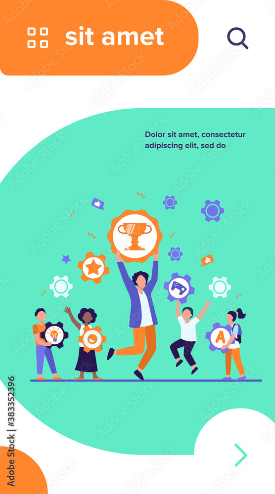 People winning different prizes. Team of winners celebrating achievements, holding gold cup and medals. Vector illustration for trophy, award, success concepts People winning different prizes. Team of winners celebrating achievements, holding gold cup and medals. Vector illustration for trophy, award, success concepts
