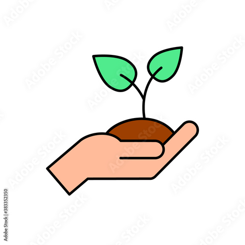 Hand holding soil color icon. Human palm holds a plant. Agriculture, farming, sustainability concept. Sprout with leaf break out. Black outline on white background. Vector illustration, flat, clip art