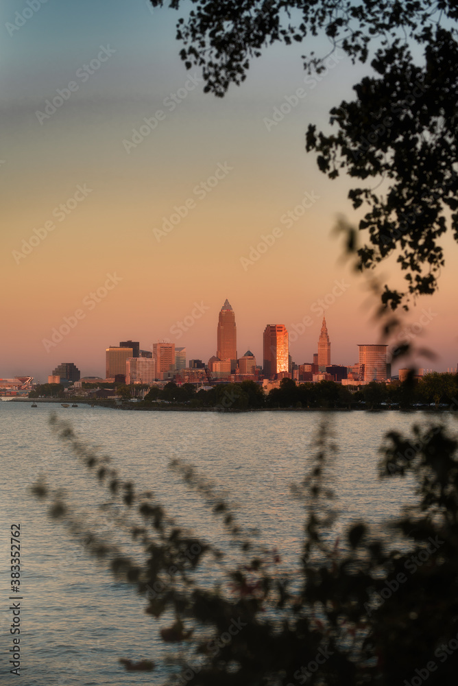 Cleveland Ohio skyline at sunset
