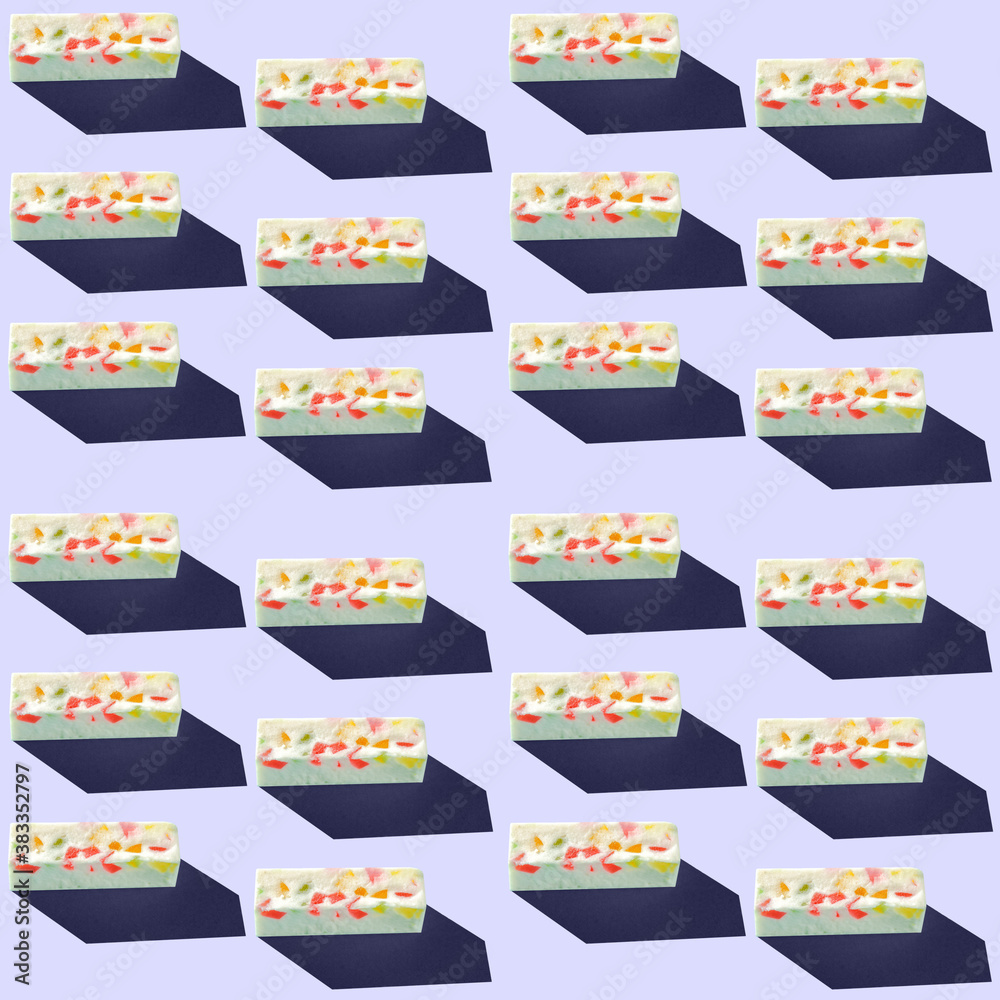 Photo seamless pattern gray marshmallow with colored splashes with shadows on a colored background. High quality photo