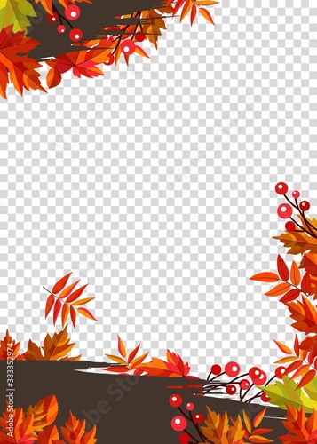 Autumn leaves border frame with space text on transparent background. Can be used for thanksgiving  harvest holiday  decoration and design.