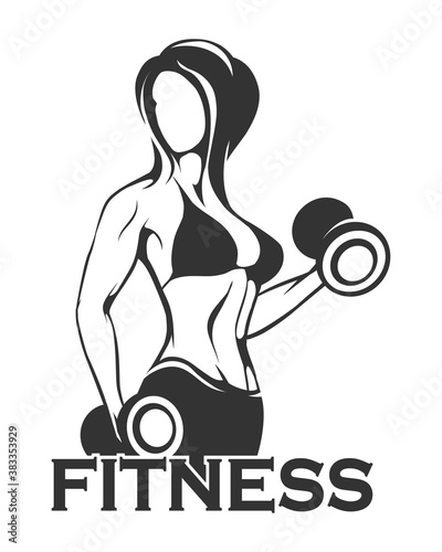 Fitness Emblem with Girl training dumbbell