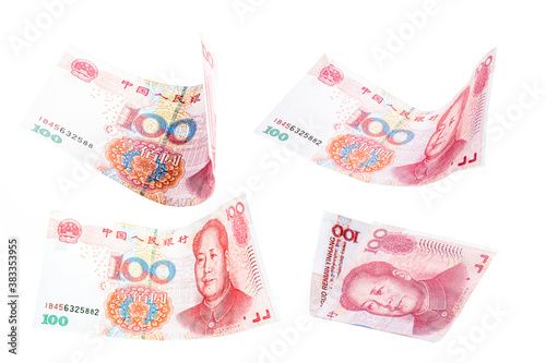 100 yuan banknotes falling together, Renminbi or rmb, Chinese money falling, devaluation or financial crisis photo