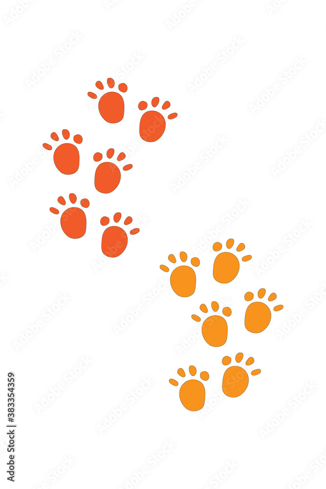 Animal footprint frontand feet/hind in light orange and orange colours, doodle, kawaii paw print isolated on white background. Stock illustration.Design of children's products, print, textile, fabric.