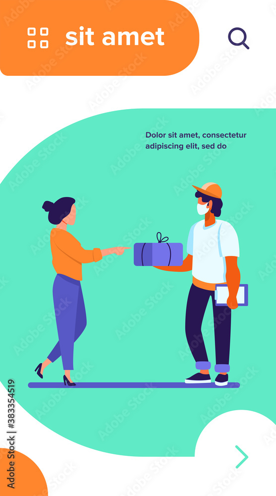 Courier delivering package to customer. Young woman receiving parcel flat vector illustration. Hand delivery, shipping service, online order concept for banner, website design or landing web page