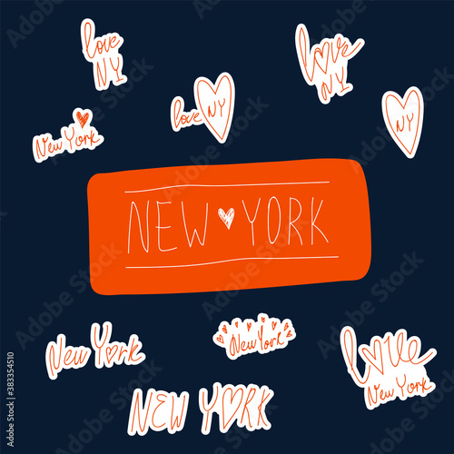 Set of stickers with lettering Love new York. NY city hand-drawn on a dark background. Vector set for lovers in new York city in the USA. Vector illustration