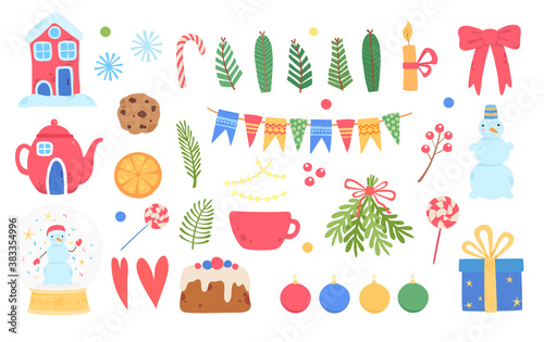 Christmas holiday icons set. Cartoon and flat style. Vector illustration