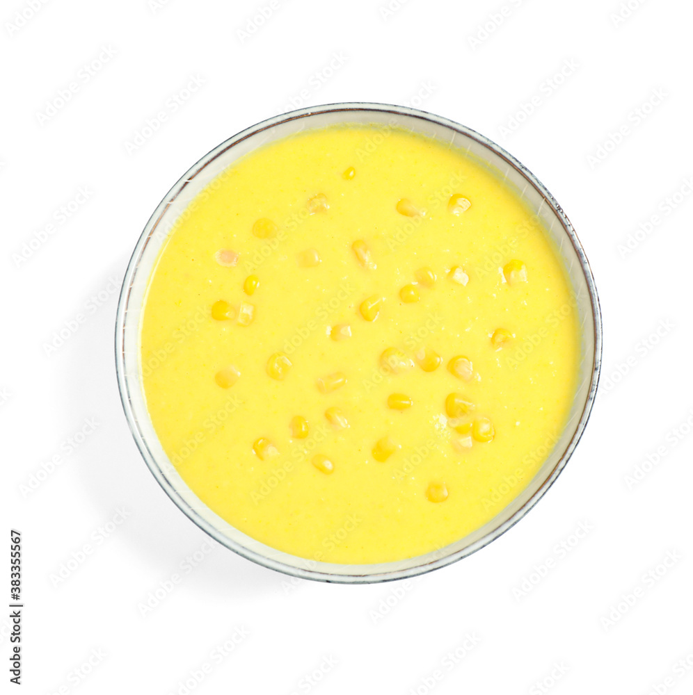 Delicious creamy corn soup isolated on white, top view