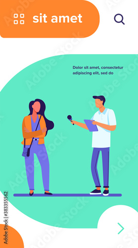 Male journalist interviewing young woman. Microphone, question, dialog flat vector illustration. Show and television concept for banner, website design or landing web page © PCH.Vector