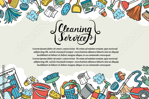 Vector colorful background on the theme of cleaning services, putting things in order, purity. Cover with cartoon equipment and household chemicals