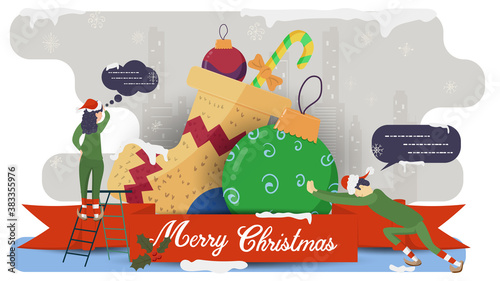 flat vector illustration for Christmas and new year design little people in elf helper costumes put a balloon toy near the sock