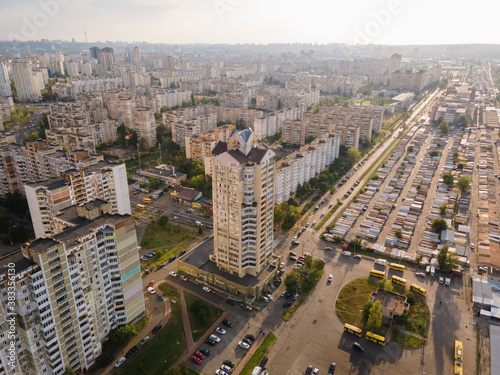 Aerial view of a densely populated sleeping area of ​​the Kiev metropolis