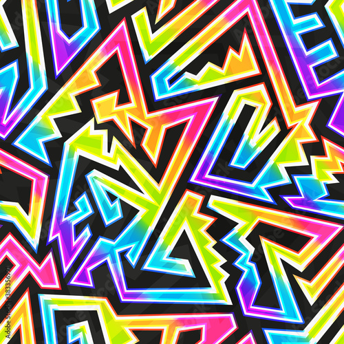 Rainbow neon geometric seamless pattern.