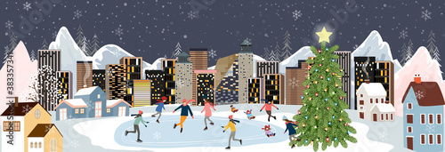 Winter landscape at night with people having fun doing outdoor activities on new year,Vector city landscape on Christmas holidays with people celebration, kid playing ice skates,