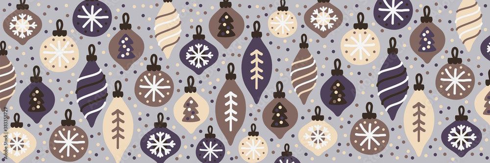 Cute Christmas Hugge banner background with hand drawn Christmas balls