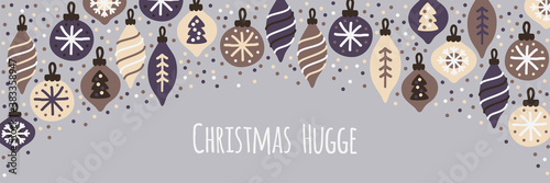 Cute Christmas Hugge banner background with hand drawn Christmas balls