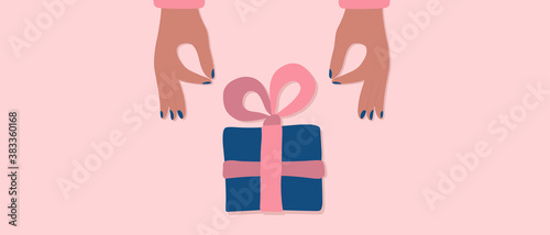 Vector illustration. Greeting web banner with two female hands and gift box tired a pink bow. Central composition.