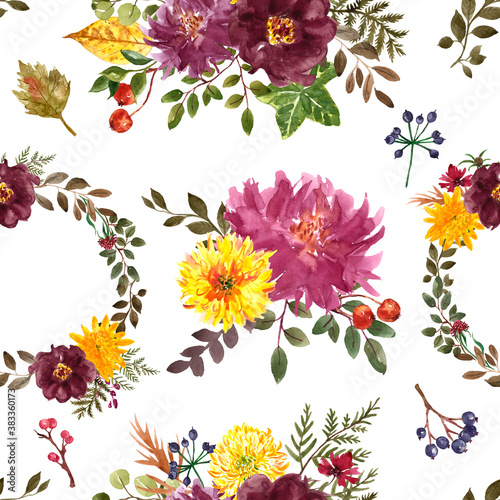 Beautiful fall floral seamless pattern. Watercolor orange, yellow, red, purpl...