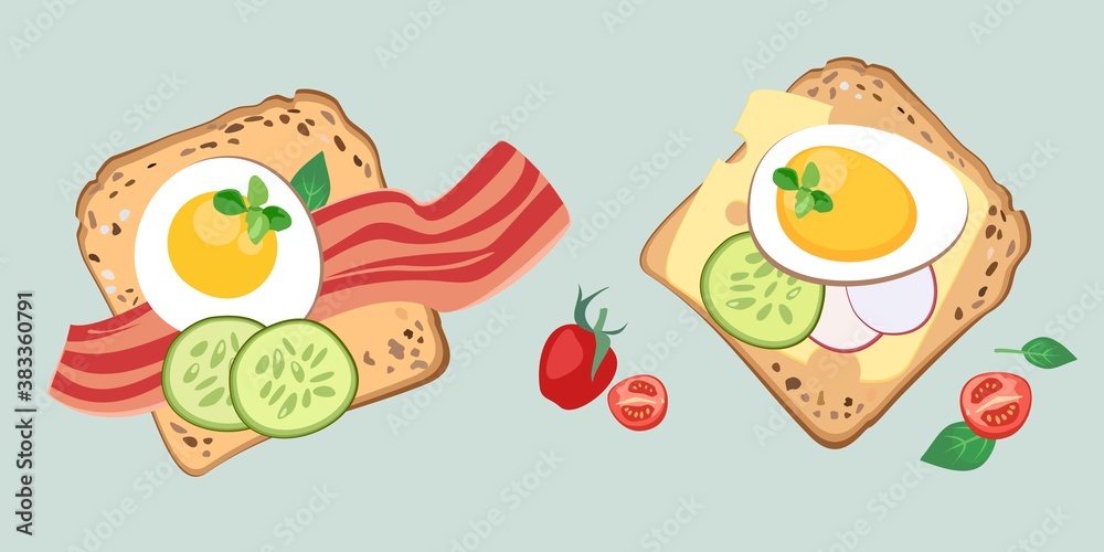 Fototapeta premium Open sandwich top view. English breakfast, tasty bacon, fried egg and fresh vegetables. Isolated vector cartoon flat illustration.
