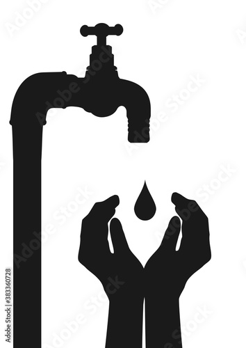 Save water. Hands protecting the tap drop. Flat vector.
