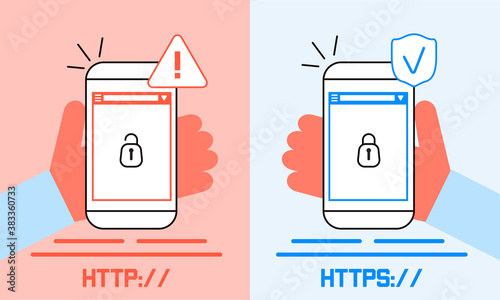 HTTP and HTTPS protocols difference concept vector. Cyber safe, security for website, app are shown. Lock is opened and closed on screenshots illustration.