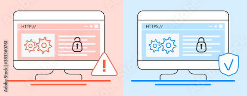 HTTP and HTTPS protocols difference concept vector. Cyber safe, security for website, app are shown. Lock is opened and closed on screenshots illustration.