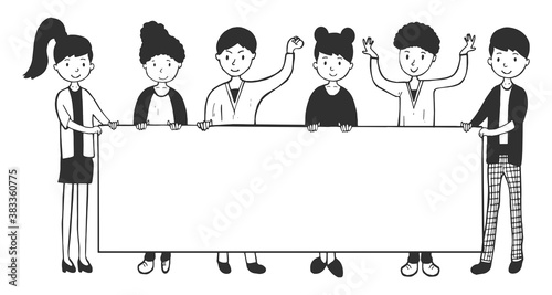 Happy smiling people with poster
