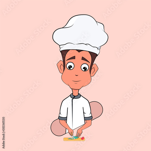 vector illustration of male chef cutting cucumber. with tomato next to it. to prepare a dish.