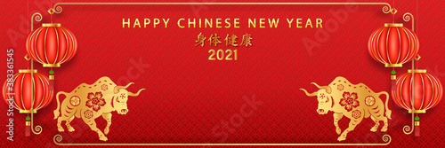 Chinese traditional template of chinese happy new year 2021 on red Background as year of ox, healthiness, lucky and infinity concept. (The Chinese letter is mean happy new year), vector illustration.