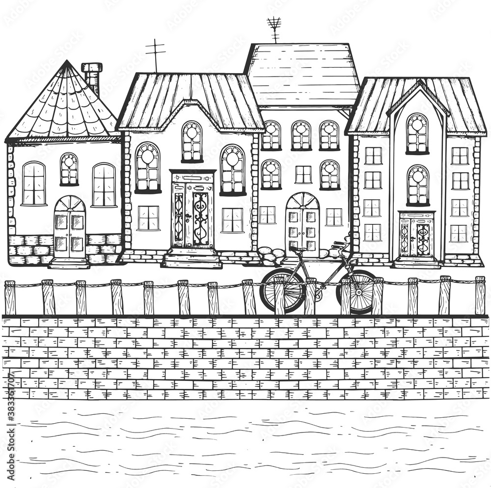 Small town street on river bank Small town street on river bank