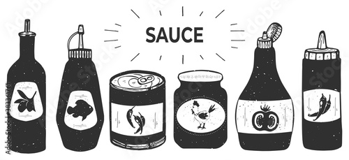 Sauce bottle, canned food in row