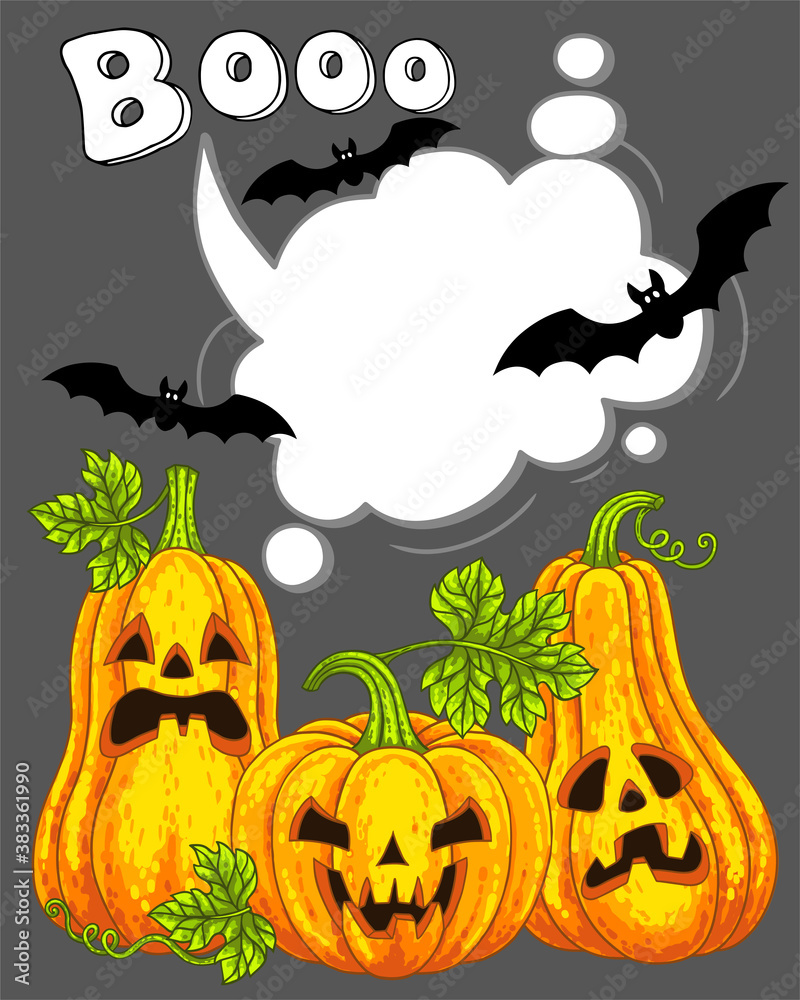 Fototapeta premium Pumpkins monster with a carved horrible smile. Happy Halloween. Vector template in a cartoon style for your design for the holiday. The main symbol the Halloween holiday.