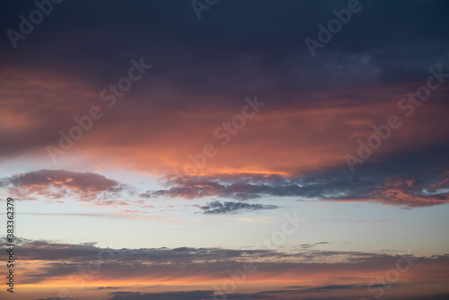 Colorful cloudy sky at sunset. Beautiful color transitions. Abstract background of nature.