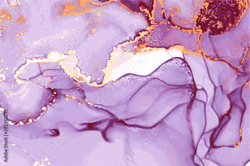 Marble effect violet, purple, and gold stone texture. Alcohol ink oriental technique