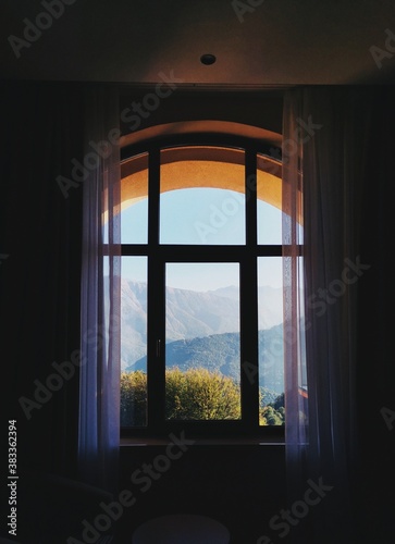 View from the hotel window of the Krasnaya Polyana mountains on a clear summer day