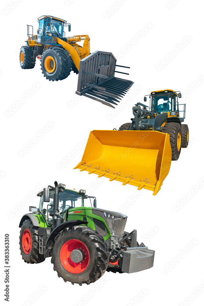 Front loaders for use in various areas of modern production. Isolated on white Front loaders for use in various areas of modern production. Isolated on white