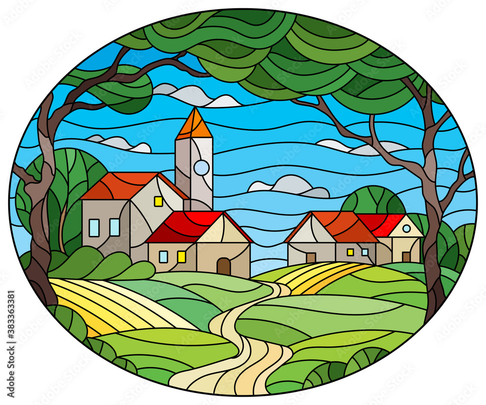 Illustration in stained glass style with landscape, rural city on the background of fields, trees and sky, oval image