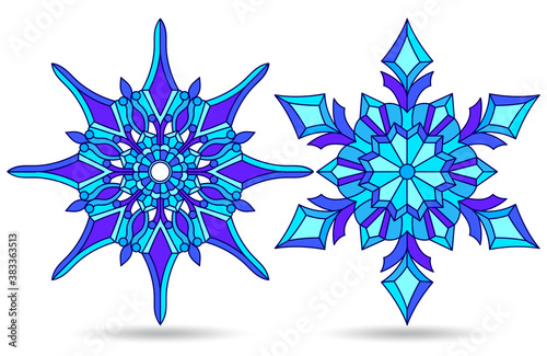 Set of illustrations in stained glass style with openwork snowflakes, isolated on a white background