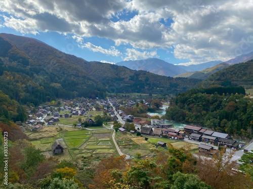 the heritage village of shirakawa in Japan from the hill.