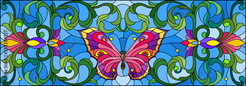 Illustration in stained glass style with a bright butterfly, flowers and swirls on a blue background, horizontal illustration