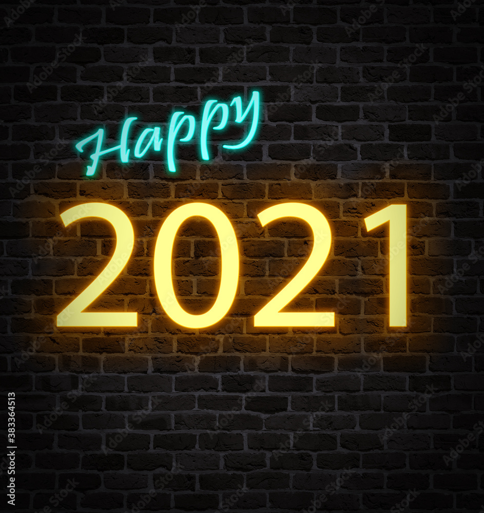 Glowing New Year 2021 neon sign on dark brick wall Glowing New Year 2021 neon sign on dark brick wall