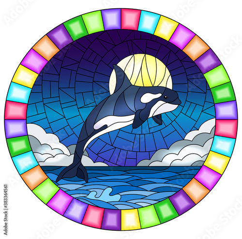 Illustration in stained glass style with a whale orca on the background of water and cloudy  sky with moon , oval image in bright frame 