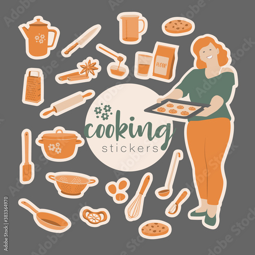 Vector set of kitchen tools stickers for cookbook or stickers. Pots, pans, knives. Simple retro style.