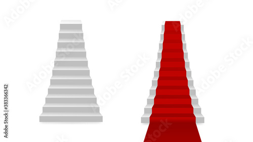 White career stairs with red carpet, ladder to success concept front view, 3D. Staircase.Stock vector illustration on white isolated background background.