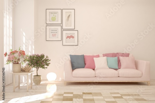 White living room with sofa. Scandinavian interior design. 3D illustration