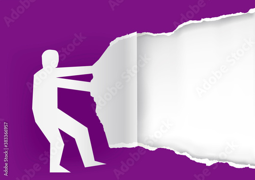 Man ripping paper background.
 Male silhouette ripped violet paper  with place for your text or image. Vector available.