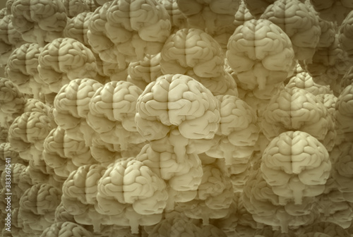 3D rendering crowd of human brain on yellow beige tone