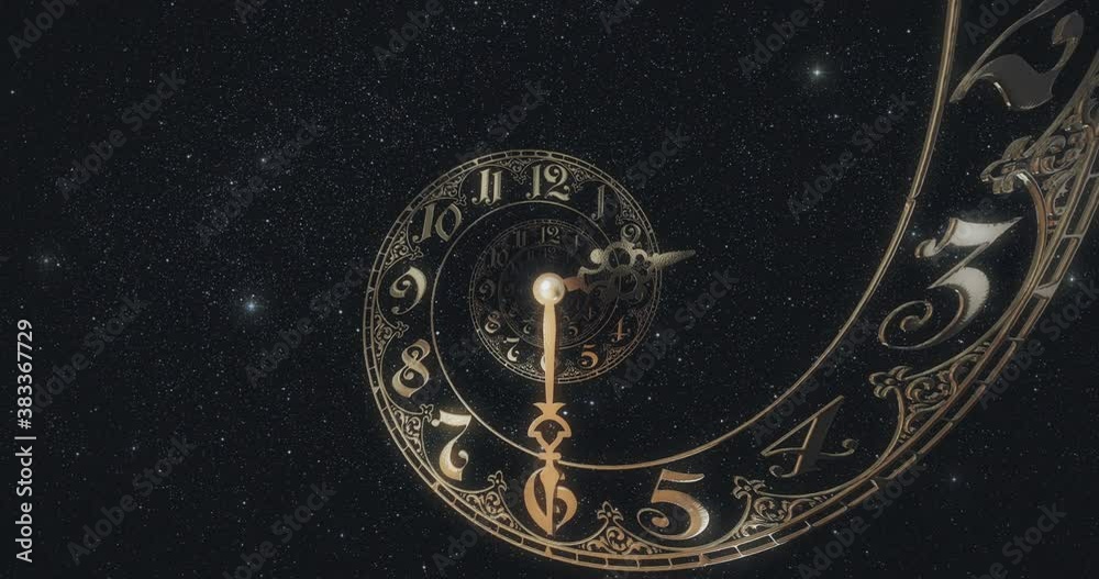 Classic gold spiral dial endlessly moving towards the camera.The arrows describe a full circle . It symbolizes the infinity of time. Against the background of space and stars. 3D render