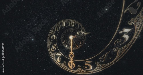 Classic gold spiral dial endlessly moving towards the camera.The arrows describe a full circle . It symbolizes the infinity of time. Against the background of space and stars. 3D render photo